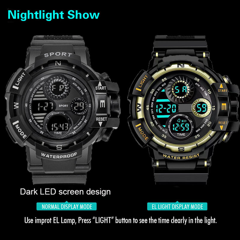 メンズミリタリーデジタル時計,アウトドアスポーツ腕時計,耐水性,発光クロノグラフ,電子腕時計