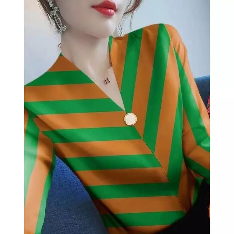 Elegant V-Neck Button Striped Blouses Women's Clothing 2024 Autumn Winter Loose All-match Pullovers Office Lady Shirts E92