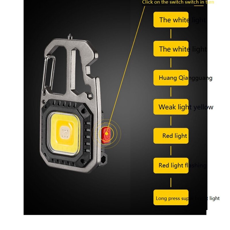Mini Làm Việc LED Kiểm Tra Đèn 7 Chế Độ Với Dụng Cụ Mở Nắp Hộp Móc Khóa Đèn Pin, 800 Lumens