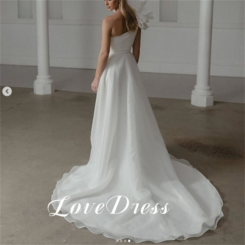 Love Elegan A-Line One Shoulder Organza Wedding Dress With Big Bow Sexy High Side Slit Sleeveless Floor Length Bridal Ball Gowns