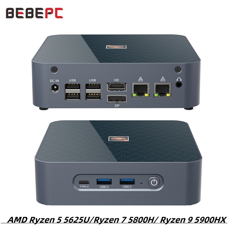 BEBEPC-MINI PC Gaming, Décodeur Linux UbunaryLinux, 2 x LAN, HD, DP, AMD Ryzen 5, 5625U, R75800H, R9, 5900HX, WIFI6, BT, 2.4G, 4K, DDR4, MVNE, SSD
