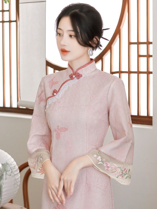 Gaun Cheongsam modifikasi gaya Tiongkok, jubah Cheongsam Elbise muda Lengan sedang Musim Semi dan Gugur