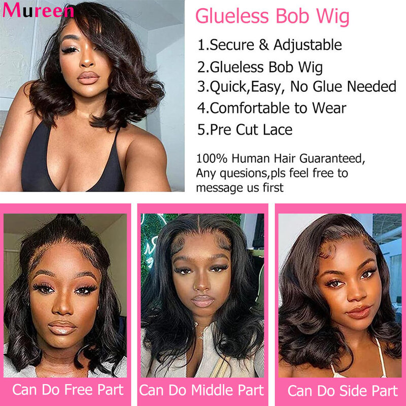 Perucas Glueless Bob para mulheres, peruca pré-cortada de renda, onda corporal, pronto para ir, cabelo humano, 4x4