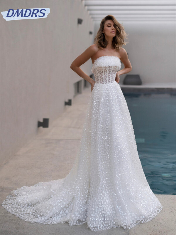 Romantyczna suknia ślubna bez rękawów 2024 urocza suknia ślubna o linii klasyczne koronki sukienka o długości podłogi Vestidos De Novia