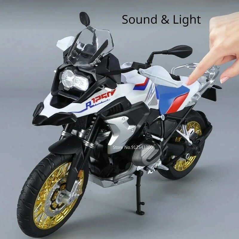 Modelo de motocicleta R1250 GS a presión de Metal, juguete de cuerpo de aleación con sonido y luz, colección de regalos de cumpleaños, 1/9