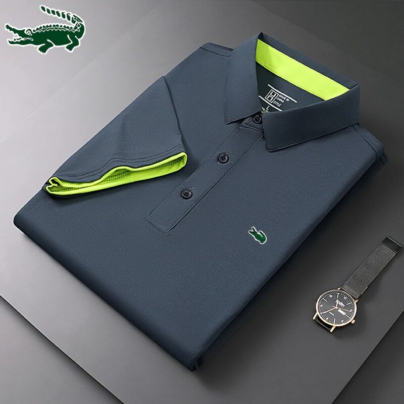 Camisa polo esportiva de golfe masculina, monocromática, manga curta, lapela listrada, bordada high-end, camiseta superior respirável, moda verão