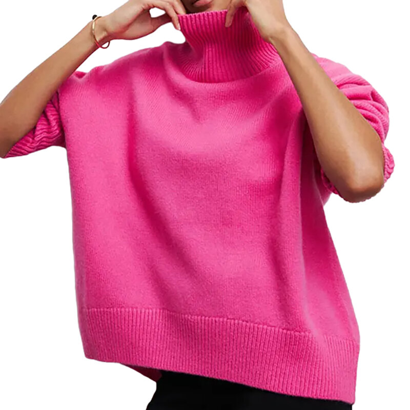 Sweter rajut leher kura-kura, atasan Jumper serbaguna Chunky, Sweater Lover rajut, Turtleneck musim dingin untuk wanita