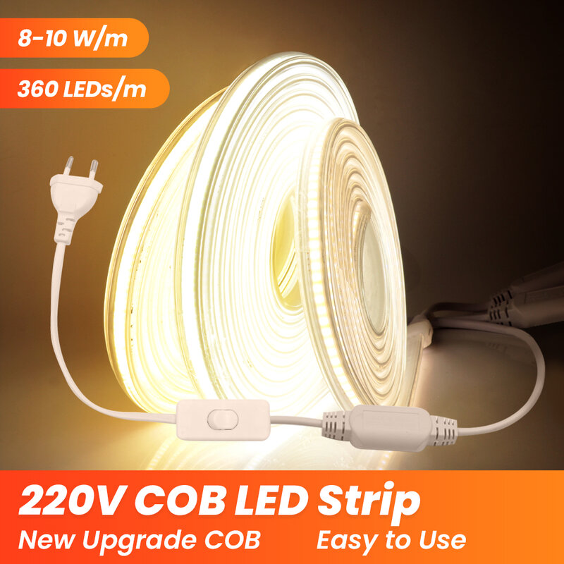 매우 밝은 유연한 리본 테이프 조명 램프, 방수 COB LED 스트립, 홈 가든 거실 장식, 360LED/M, 220V
