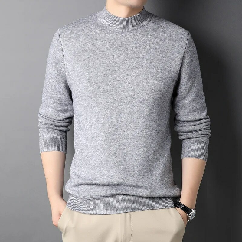 Новинка весна-осень 2023, однотонный облегающий мужской свитер с воротником «хомут», повседневный пуловер, корейский модный базовый трикотажный топ
