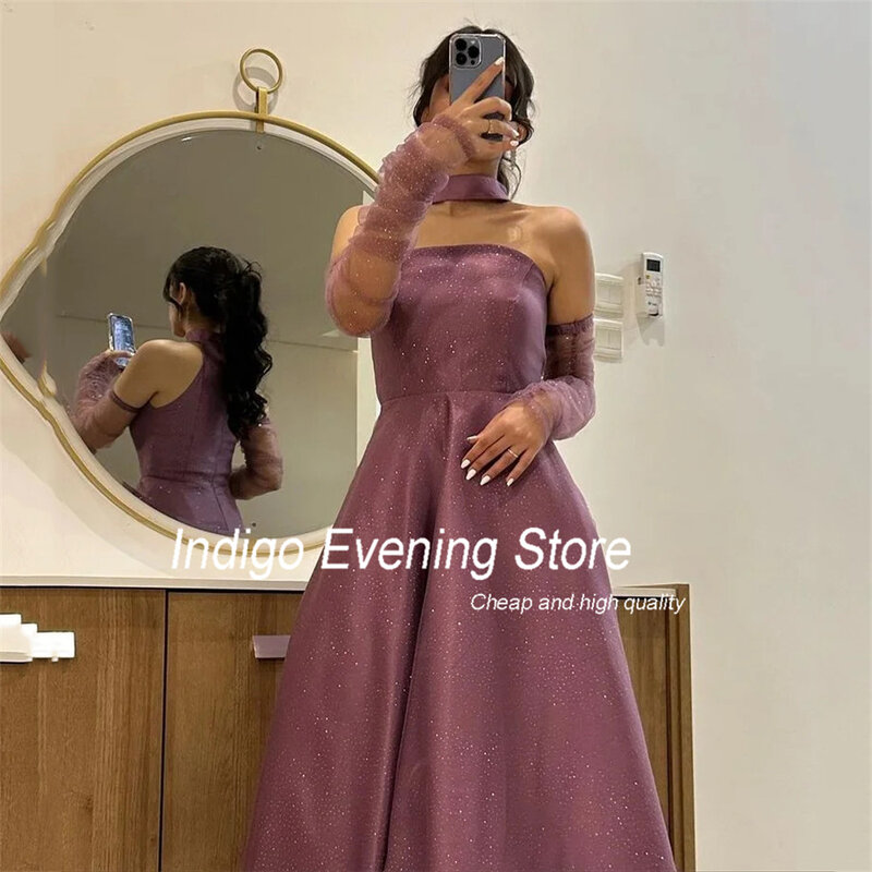Indigo Prom Dresses A-Line 2024 Long Sleeve Strapless Pleat Satin Floor-Length Spakly Elegant Evening Gowns For Women فساتين الس