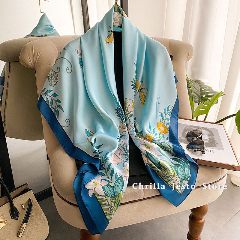 Floral impresso viagem xale elegante feminino acessórios 43 polegada 110cm quadrado imitado lenço de seda muçulmano hijab foulard