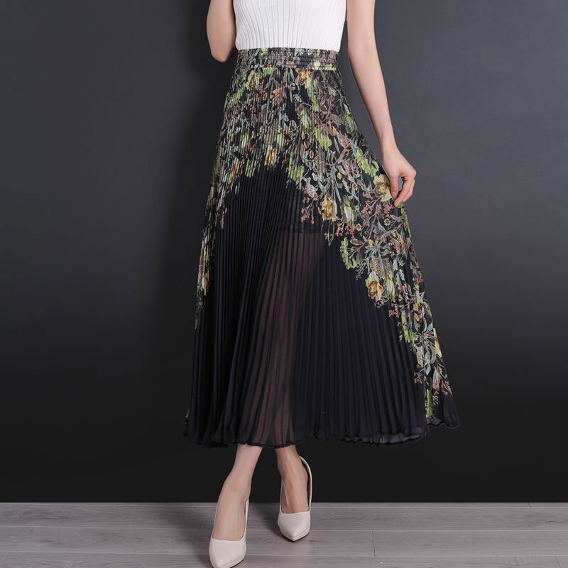 Folk Vintage rok pergelangan kaki motif bunga musim panas modis lipit pakaian wanita pinggang tinggi elastis penglaju rok panjang elegan