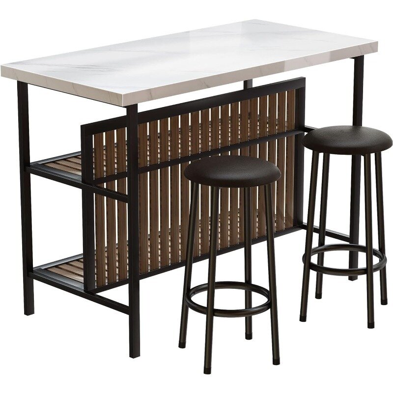 Kitchen Island with Seating, 47.2 Inches Kitchen Island with 2 Barstool, Industrial Counter Height Table with Storage