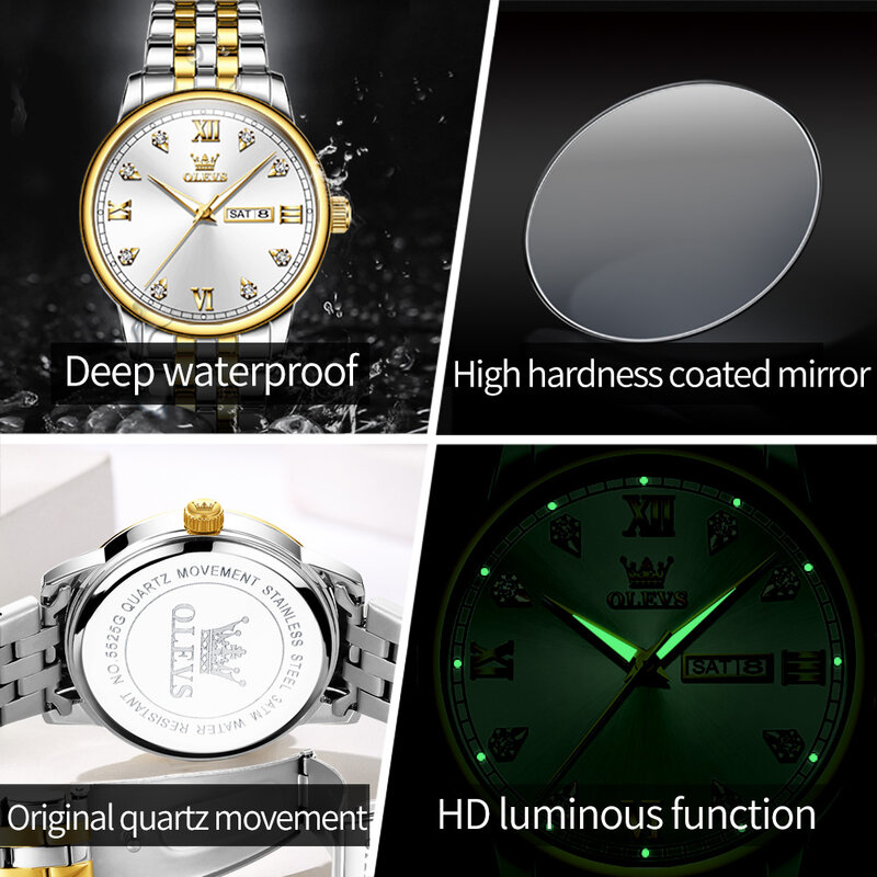 OLEVS-Relógios de aço inoxidável à prova d'água, quartzo luminoso relógios de pulso para amantes, marca original, nova moda