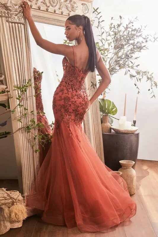 Women'S V Neck Spaghetti Strap Prom Dress Long With Appliques Mermaid Tulle Formal Evening Dresses Elegant Sequin Party Gowns