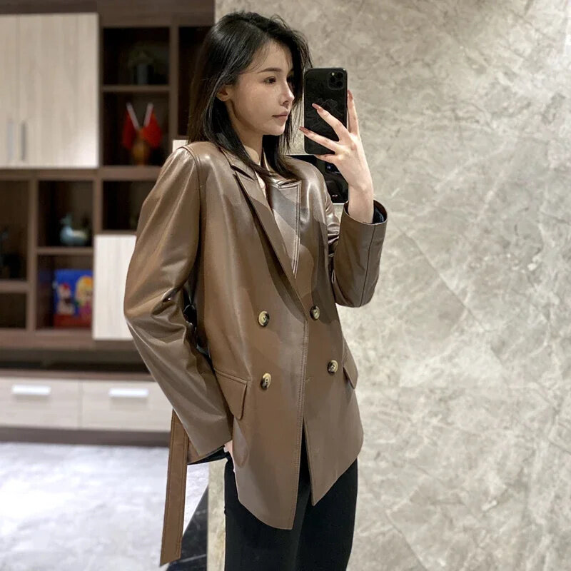 Real 100% Sheepskin Coat for Women Spring Autumn 2024 New Fashion Double-breasted Belted Slim Genuine Leather Blazer Jackets