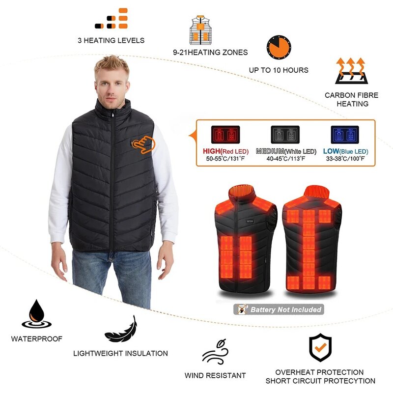 Gilet chauffant électrique pour hommes et femmes, veste rembourrée, interrupteur intelligent USB, chauffage de chasse, zone 9-11