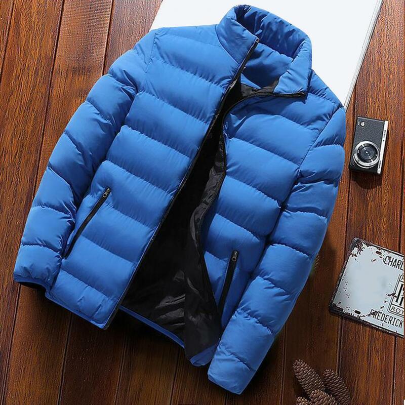 Men Winter Coat Padded Thick Zipper Closure Stand Collar Long Sleeve Windproof Soft Warm Cold Resistant Men Jacket