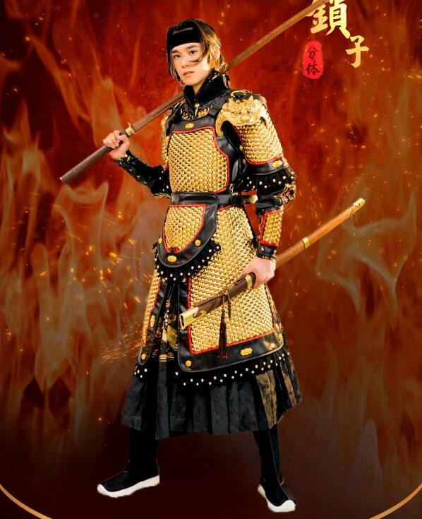 男性のための古代中国の鎧,漢服の衣装,一般的な金の色の金属,10kg, 8の部品