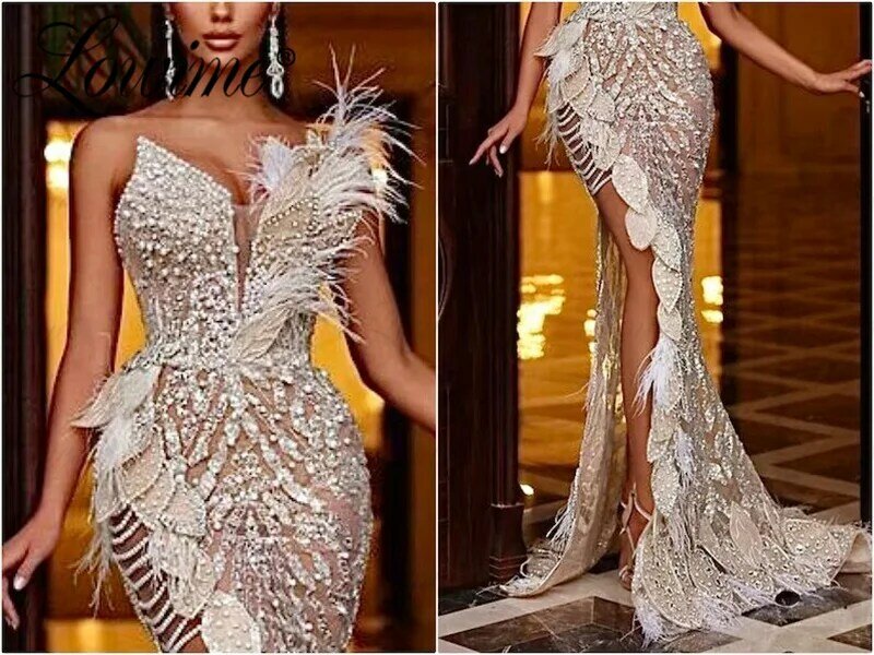 2023 Couture Nude Long Party Dress Arabic Evening Gown Mermaid Feathers Crystals Pearl Dress Pageant Prom Dresses With High Slit