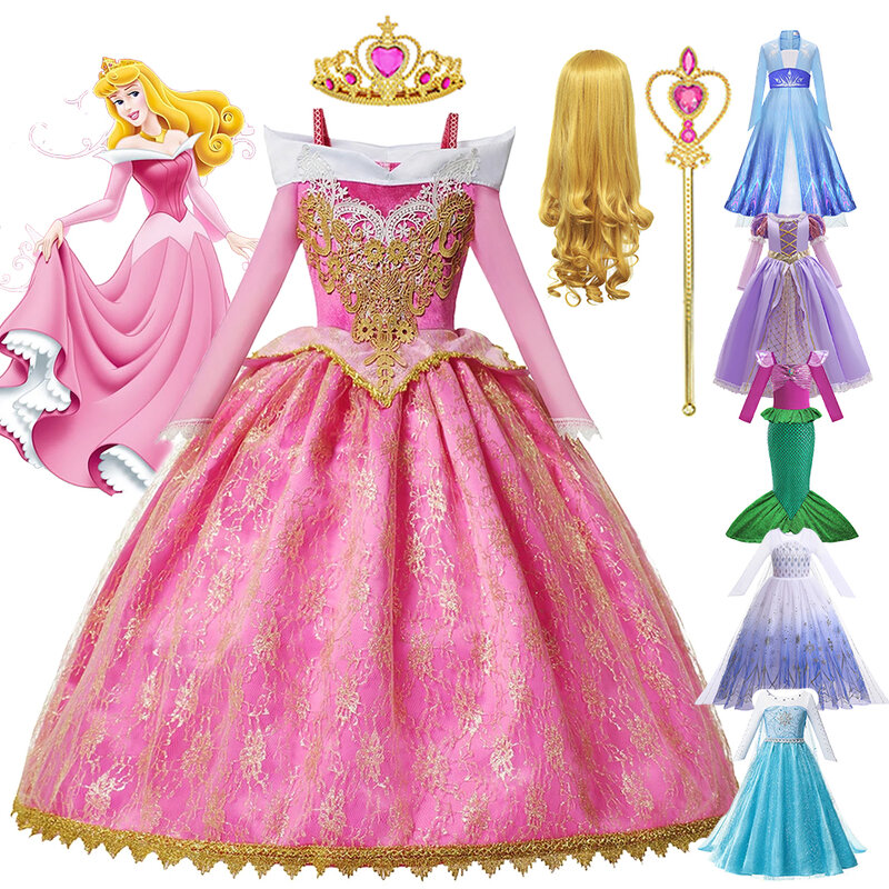 Disney-Princesa Bela Adormecida Meninas Vestido, Aurora, Elsa, Rapunzel, Sereia, Halloween Costume, Vestido de festa infantil