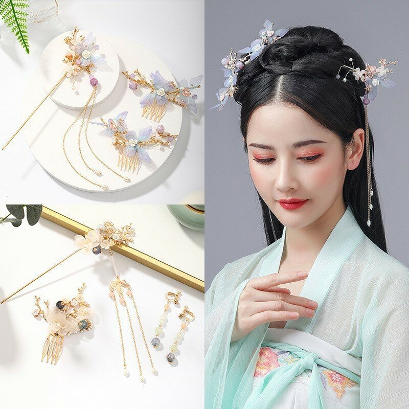 Chinese Hanfu Hair Accessories Set para Mulheres, Hair Sticks, Borla, Hairpin, Brincos, Halloween Party, Han Fu Headpiece, Headdress
