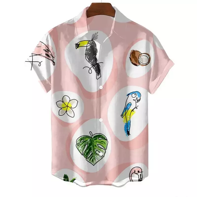 Camicia da uomo oversize hawaiana Cartoon Cat Bird Pattern stampa floreale Social Men Graffiti abbigliamento Vintage Harajuku New Summer