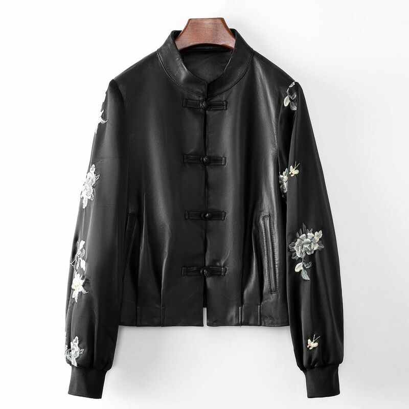 체인 Haining 용수철 중국 스타일 자수 접합 정품 가죽 재킷, 여성용 2024 양가죽 재킷