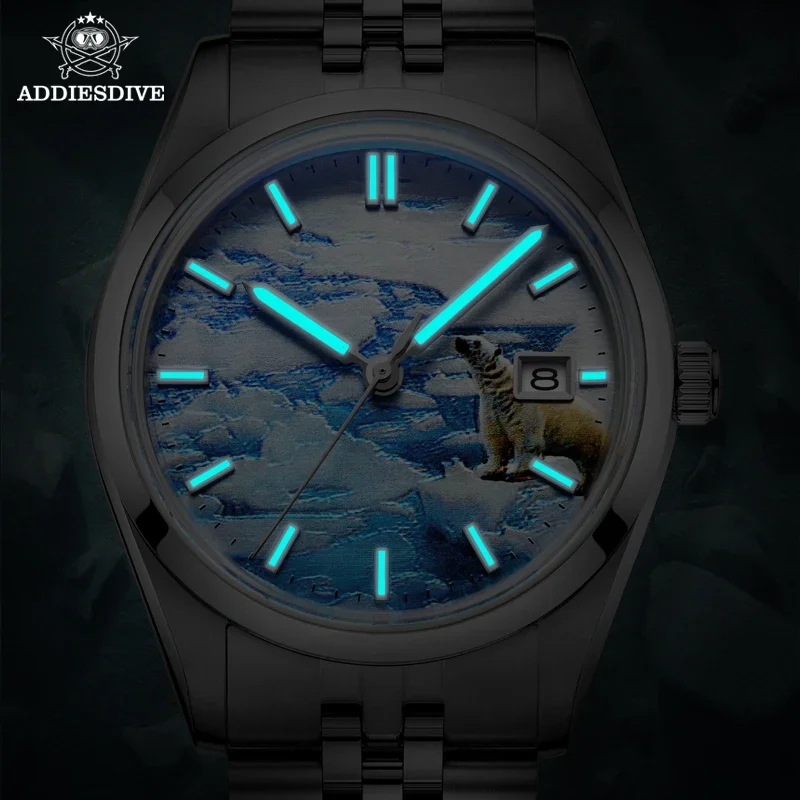 ADDIADDIESDIVE 3D 빙하 자동 기계식 시계, 다이버 슈퍼 루미너스 시계, 강철 버버 미러 유리 손목시계, 39mm, 100m