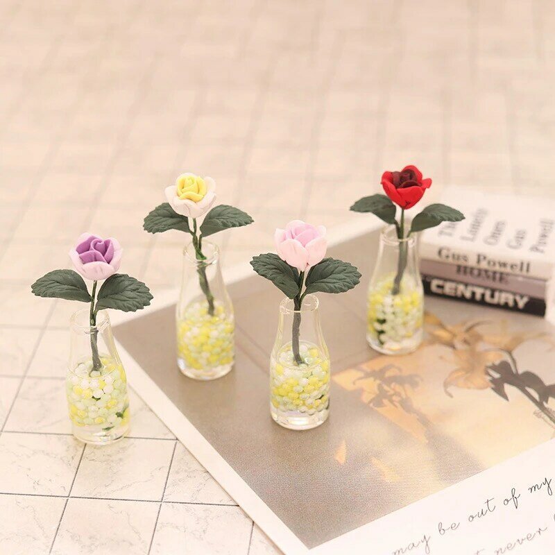 Vaso rosa miniatura para Dollhouse, mini vaso de flores, jardim em vasos, brinquedos para decoração, 1:12