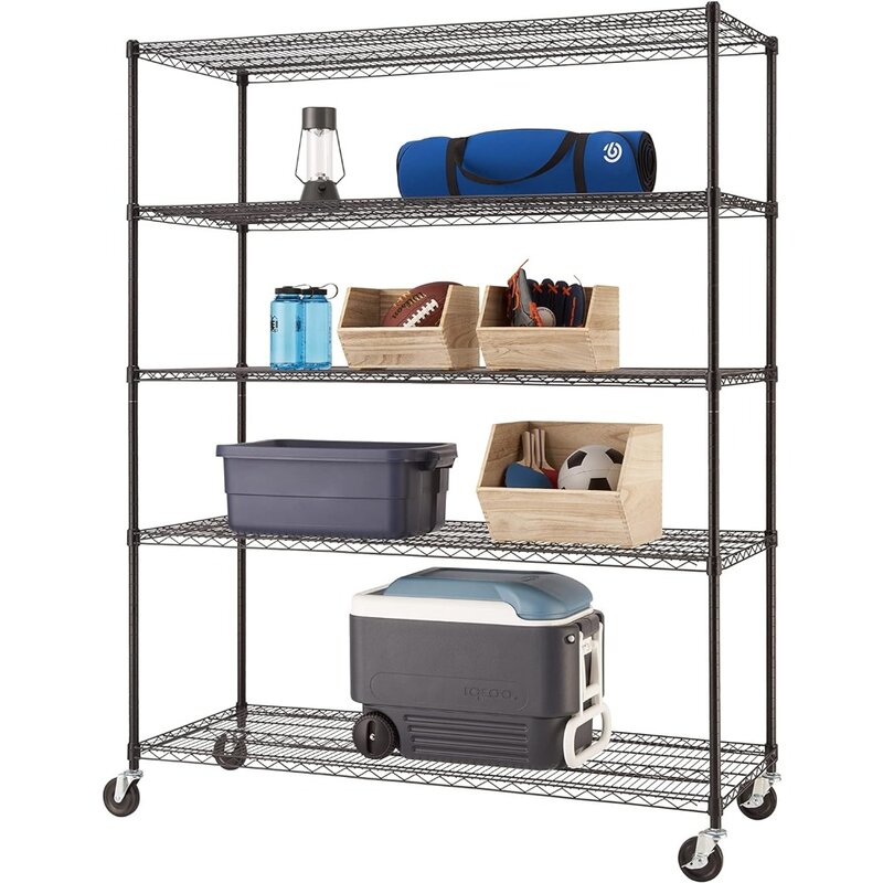 Basics estantería de alambre ajustable de 5 niveles con ruedas para organización de cocina, almacenamiento de garaje, lavandería, Certificado NSF