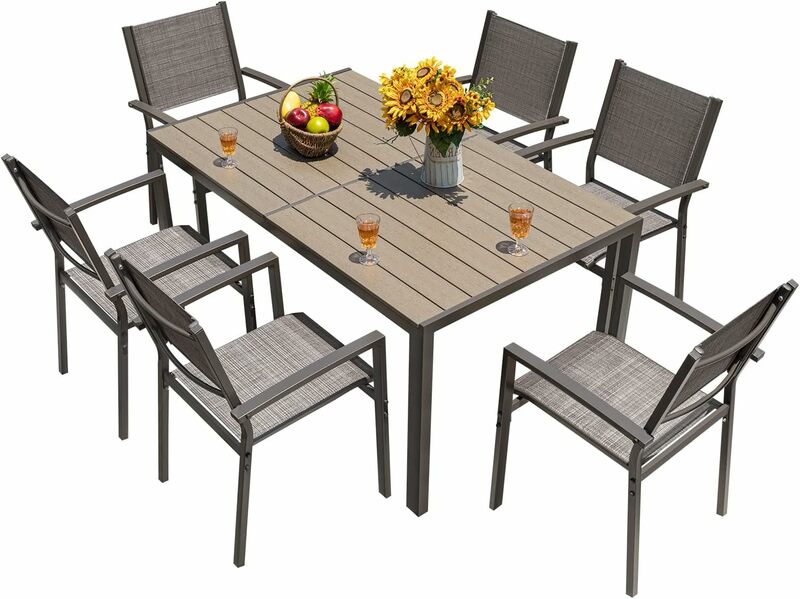 Ensemble de salle à manger avec chaises en textilène empilables, meubles de bistrot d'extérieur, grande table pour cour, jardin, porche et bord de piscine