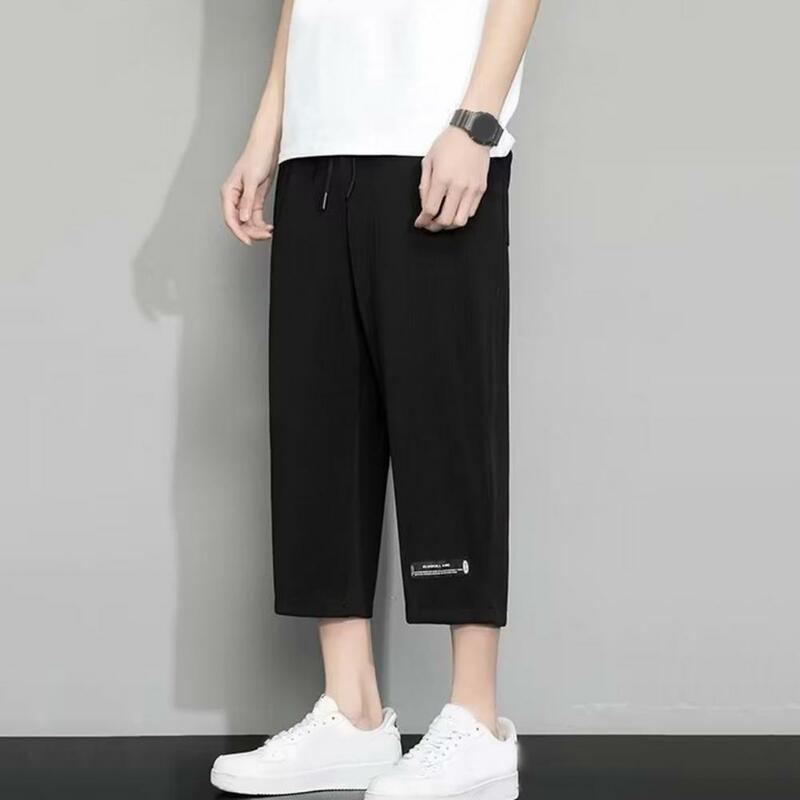 Men Cropped Pants Elastic Waist Drawstring Trousers Quick Dry Breathable Men's Ice Silk Drawstring Pants with Pockets for Soft