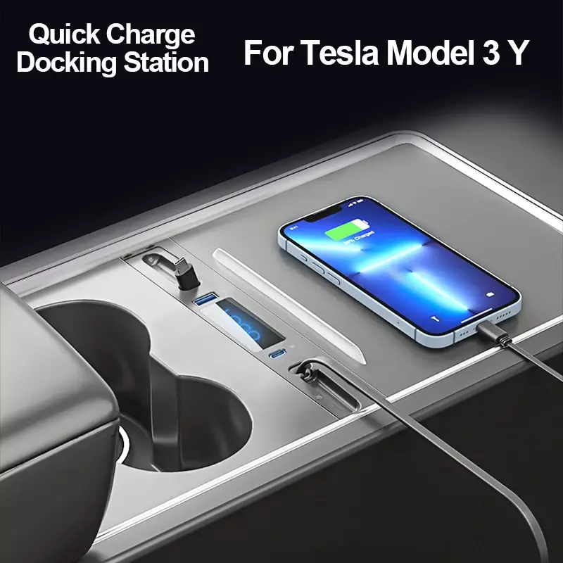 27W Quick Charger Docking Station For Tesla USB Hub Center Console PD Type-C 4 Ports with Retractable Cable For Tesla Model 3 Y