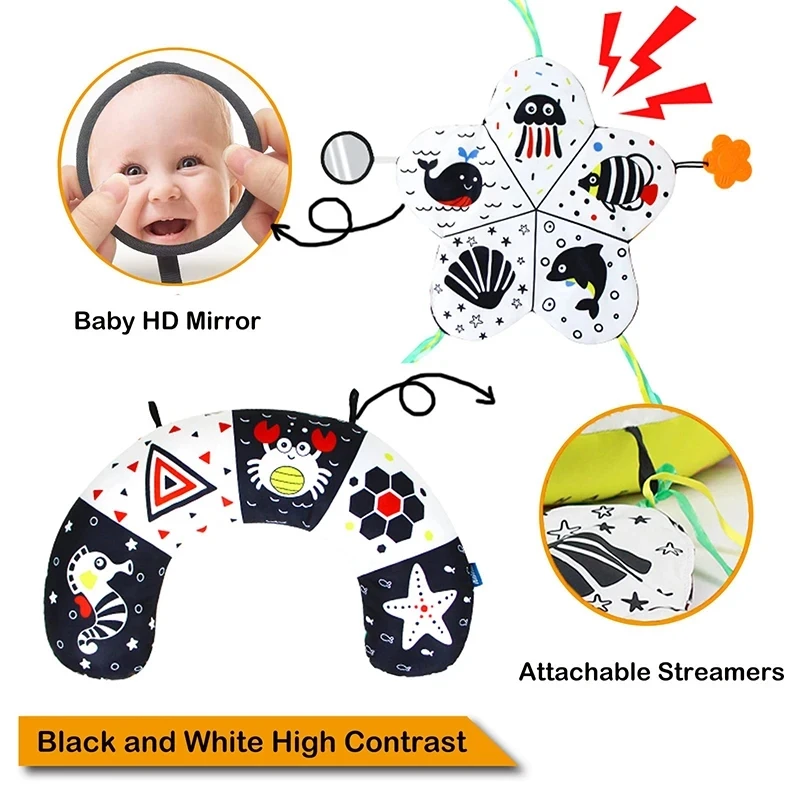 高コントラストタンミータイムピロー、新生児用モンテッソーリおもちゃ、黒と白、0-6 6-12-18ヶ月