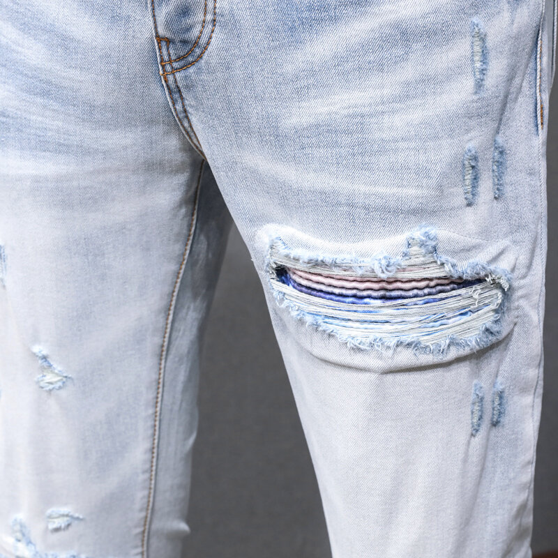 Jean bleu clair rétro pour homme, pantalon skinny élastique, coupe déchirée, trou patché, designer, hip hop, marque de mode de rue