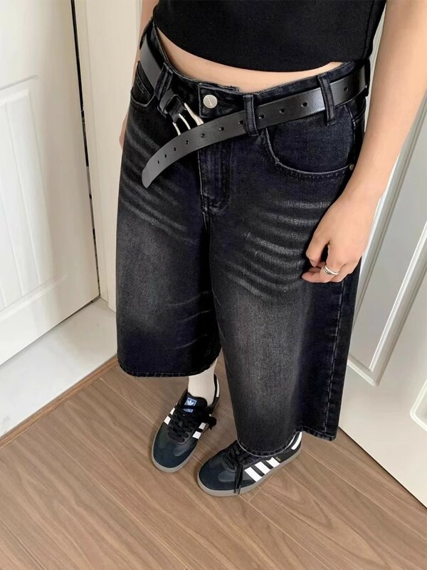 Женские Мешковатые джинсовые шорты QWEEK Y2k, винтажная уличная одежда в американском стиле с высокой талией, джинсы до колена с широкими штанинами, повседневные свободные летние джинсовые шорты