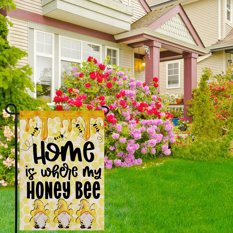 Multicolor dupla face impresso bandeira do jardim, abelha, pássaro, favo de mel, girassol, anão, não incluindo bandeira pólo, 1