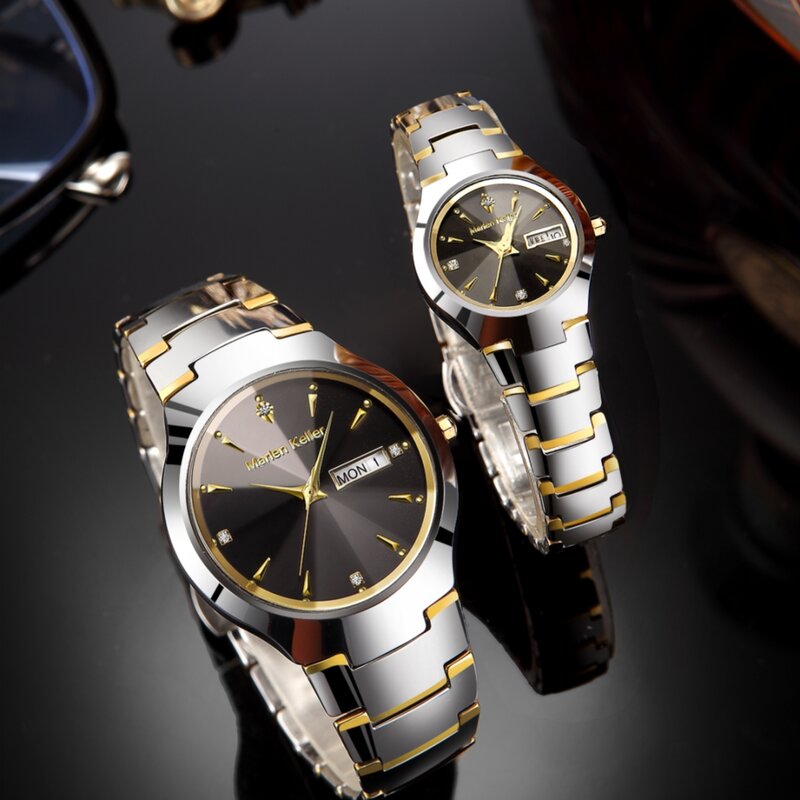 Marlen Keller jam tangan pasangan, arloji kalender gelang mode baru baja Tungsten tahan air Quartz
