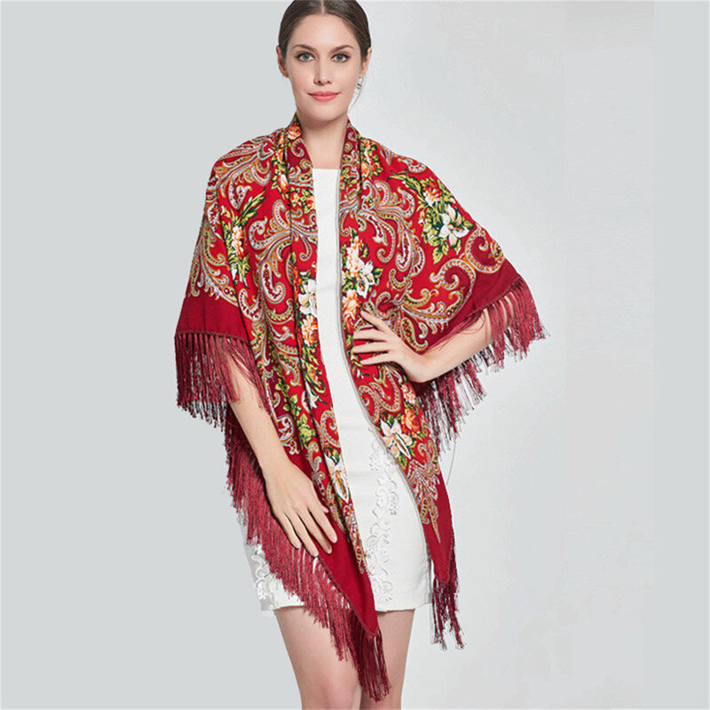 Bufanda rusa con estampado Floral tradicional para mujer, chales con borlas de lujo, Bandana, Hijab, envolturas para la cabeza, bufandas de invierno, Fursuit Babushka