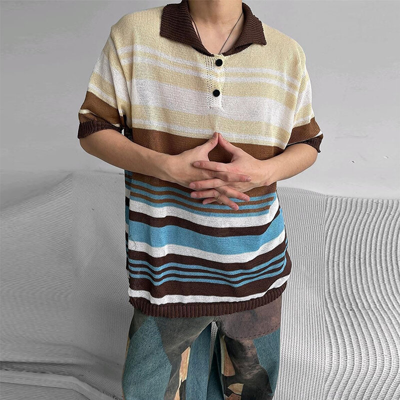 Полосатая рубашка-поло Y2K для мужчин, винтажный трикотажный топ с коротким рукавом, на пуговицах, с лацканами, Повседневная Свободная дышащая одежда, на лето