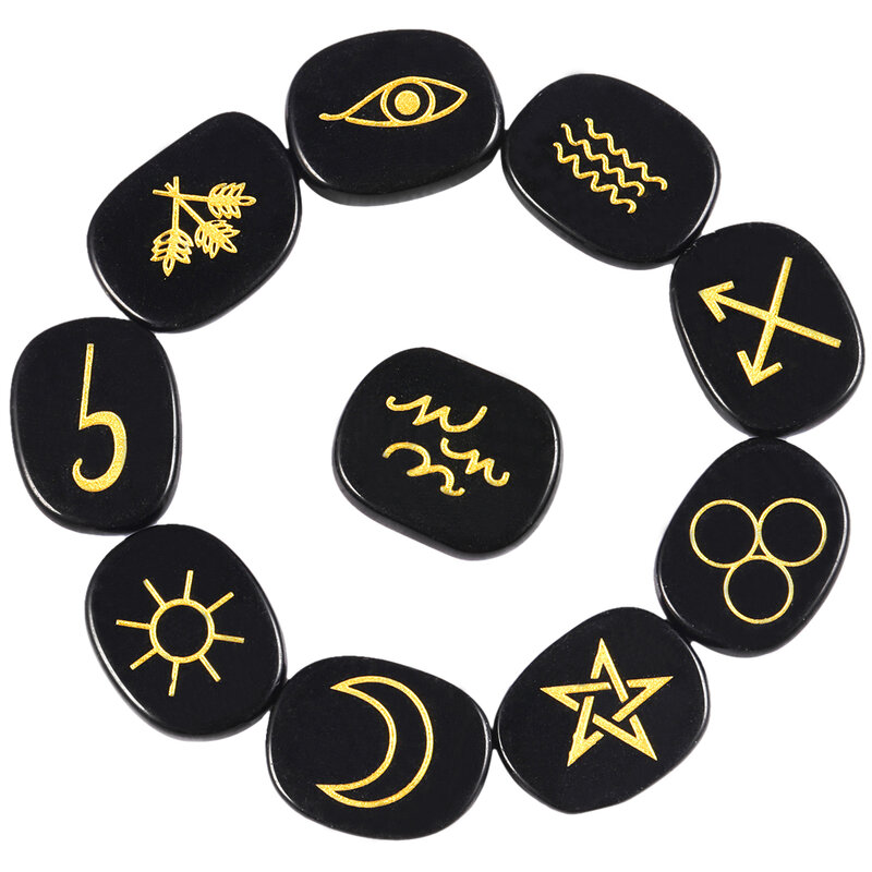 10 Buah/Set Kit Batu Rune Penyihir Kristal Penyembuhan dengan Simbol Gipsi Berukir untuk Meditasi Yoga Penyeimbang Cakra