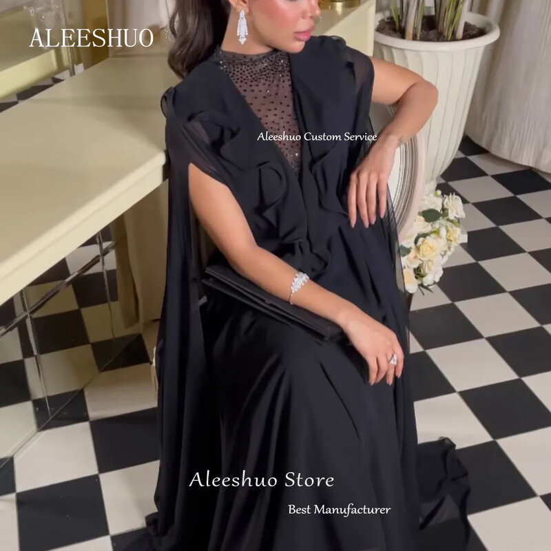 Aleeshuo-vestido de fiesta de gasa de seda negra, vestido de noche con capa y cuello en V, largo hasta el suelo, con lentejuelas, sin mangas