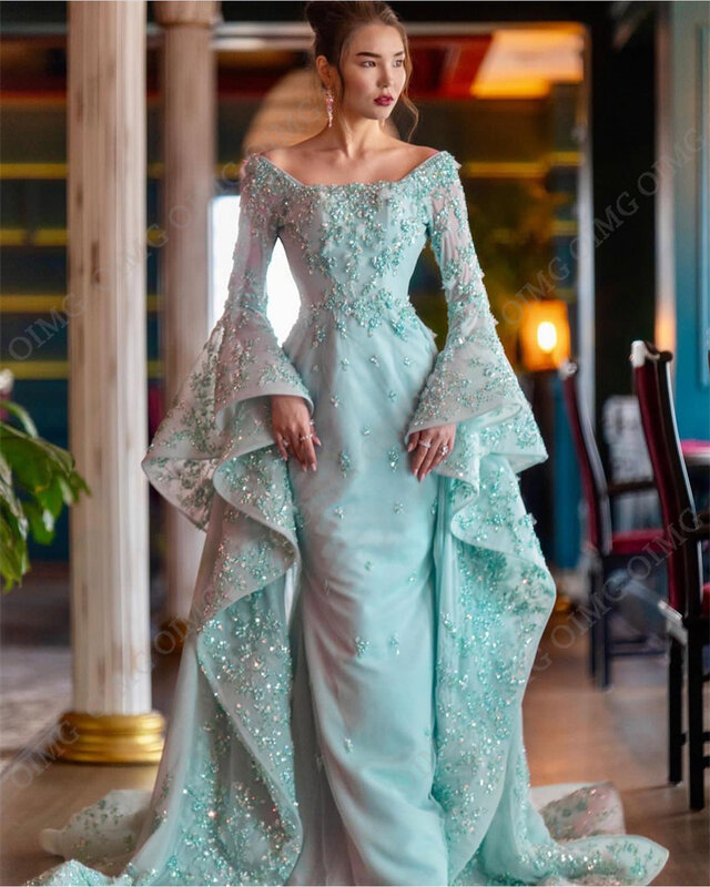 OIMG-Vestido de noite com miçangas brilhantes, lantejoulas plissadas, sereia cristal Beading, flores lantejoulas, partido árabe saudita formal, Dubai, verde