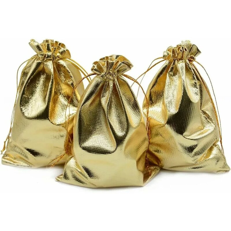 Bolsas de regalo con cordón para joyería de oro, 50 piezas, para fiesta, boda, Navidad, dulces, Chocolate, suministros para pequeñas empresas