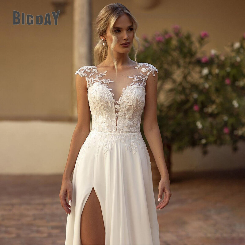 Elegante vestido de noiva Boho Lace, Ilusão O-Neck Back, Split Beach Side, Vestido de festa nupcial Applique, Vestido Chiffon, 2024