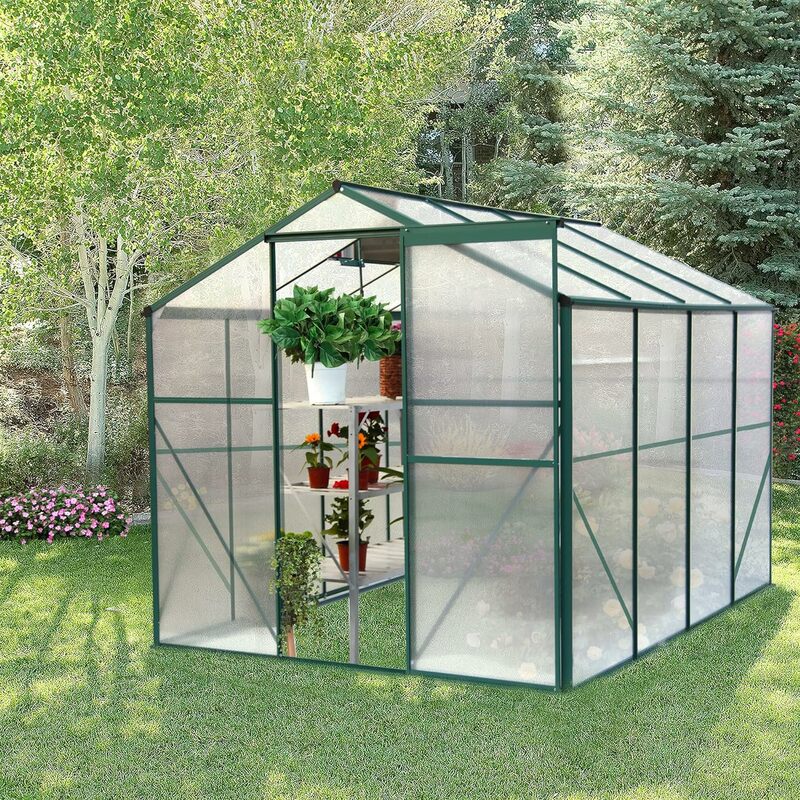 6x8 FT Polycarbonate Walk in Greenhouse, Enhance Green House w/ Sliding Door and Adjustable Roof, Upgraded Stability & Drainage
