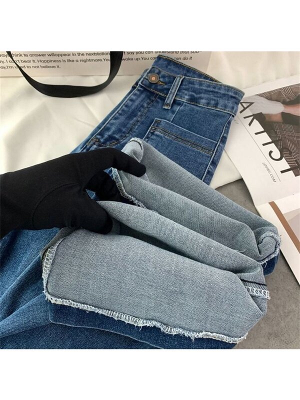 Calça jeans flare de cintura alta feminina, calça jeans reta coreana, casual vintage, bolsos finos, streetwear, primavera, outono