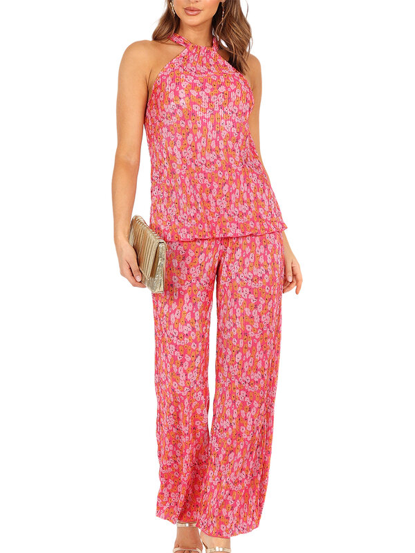 Roupas casuais de 2 peças para mulheres, regatas sem mangas com gola alta, calças florais de cor sólida, streetwear