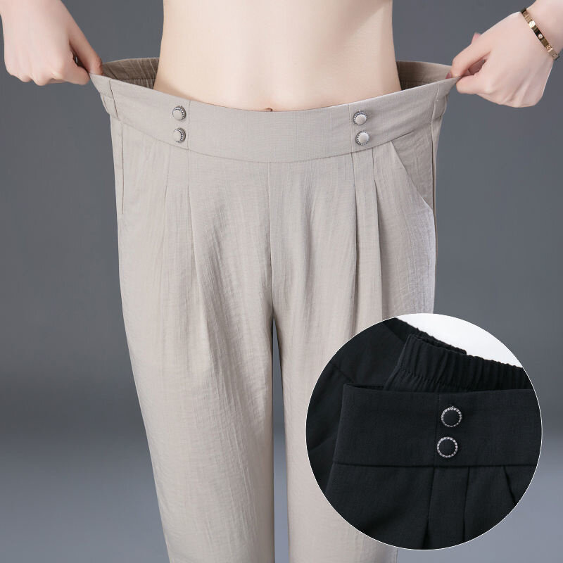 Women Capris Pants Summer 2022 High Waist Ice Silk Cropped Pants Office Lady Khaki Harem Calf-Length Pant  4XL